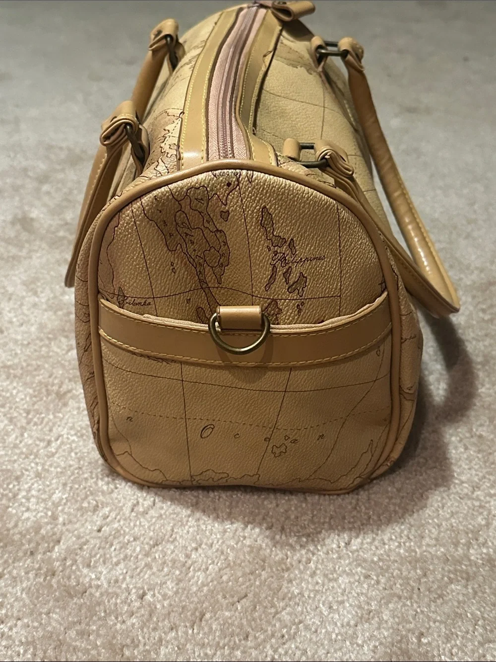 Allen Edward Leather-Look Map-Print Speedy Satchel in Tan